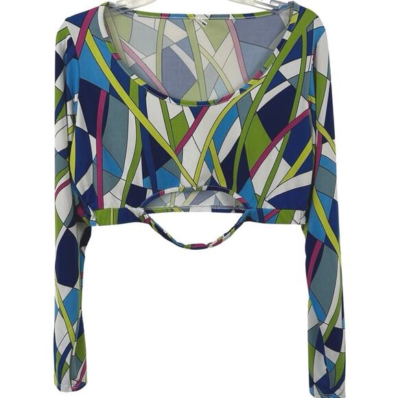 Fashion Nova Women Long Sleeve Cropped Top Retro Blue Colorful Summer Size 1X - Picture 1 of 6